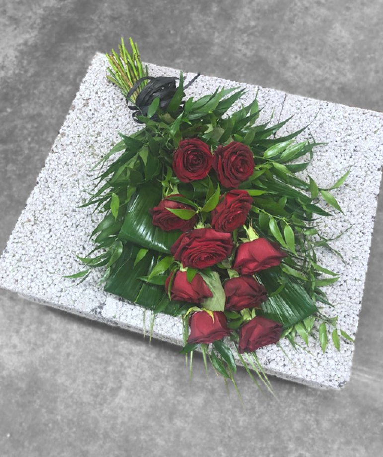 Mourning bouquet with red roses and greenery – P8